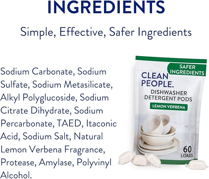 The Clean People Dishwasher Pods - Cuts Grease & Rinses Sparkling Clean - Residue-Free - Phosphate Free Dishwashing Pods (60 Count, Lemon Verbena)