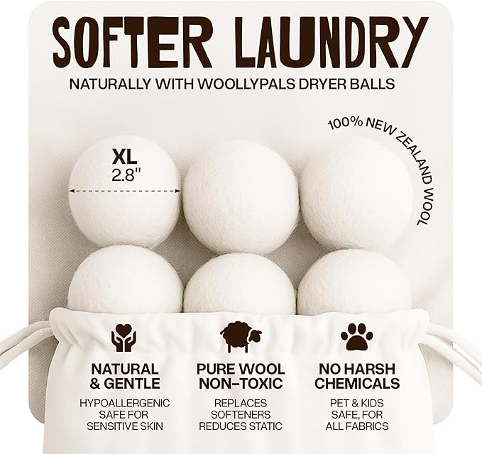 WoollyPals Dryer Balls (6-Pack, XL Size) - 100% New Zealand Wool - No More Dryer Sheets - Eco Dryer Balls - Reusable - Softens Laundry - Reduces Drying Time & Static - with Storage Bag (Plain White)