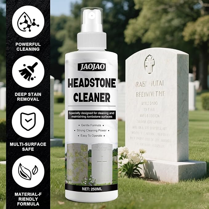 JAOJAO Headstone Cleaner, Stone Cleaner Gravestone Cleaning Kit Restoring and Protecting Tombstones Efficient Cleaning No Damage to Stone for Graves Cemetery Gravestone, 250ml Transparent