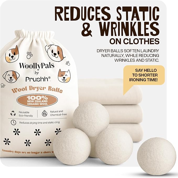 WoollyPals Dryer Balls (6-Pack, XL Size) - 100% New Zealand Wool - No More Dryer Sheets - Eco Dryer Balls - Reusable - Softens Laundry - Reduces Drying Time & Static - with Storage Bag (Plain White)