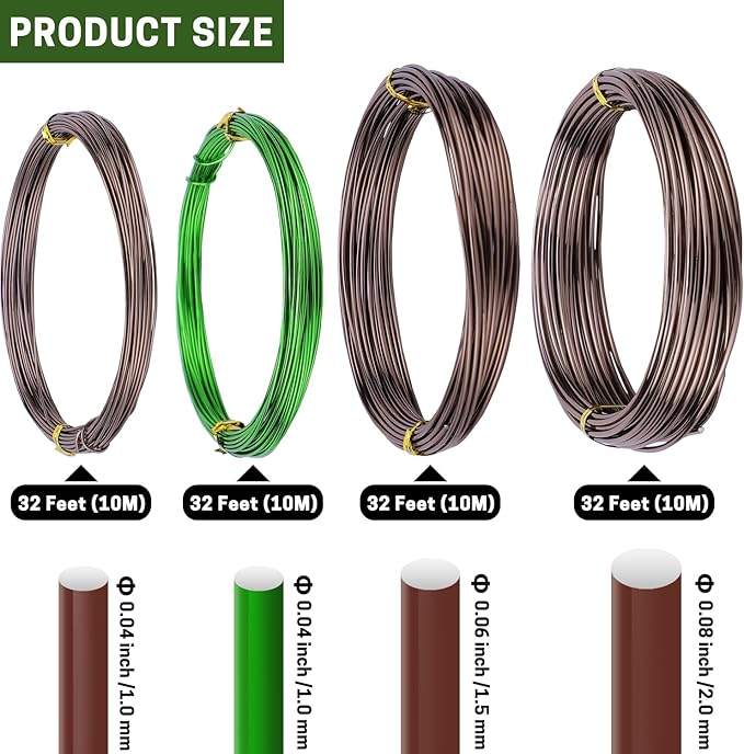 Bonsai Training Wire Set of 4, Total 128 Feet (32 Feet Each Size) 3 Size - 1.0MM, 1.5MM, 2.0MM, Corrosion and Rust Resistant (with Bonsai Wire Cutter)
