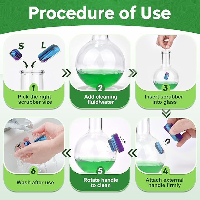 Magnetic Glass Cleaner Kit - Reusable Pipe Cleaning Tool Deep Cleans Hard-to-Reach Stains Two Silicone Brush with Handle Design Versatile for Glassware, Ceramic Surfaces, Purple