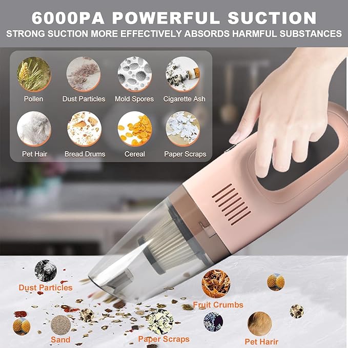 Portable Handheld Vacuum Cleaner Cordless, Cleaner for Dirt Home Pet Hair, Car Interior Dust, Power Suction Lightweight Stylish Hand Vacuum (Pink)