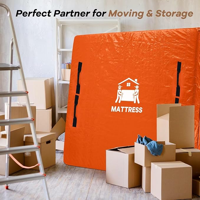 Mattress Bags for Moving, BETU Mattress Protector Waterproof Mattress Cover Queen Size Storage Bags with 8 Heavy-Duty Handles and Zipper for Bed Extra Thick Large Reusable (82"x62"x15" Orange)