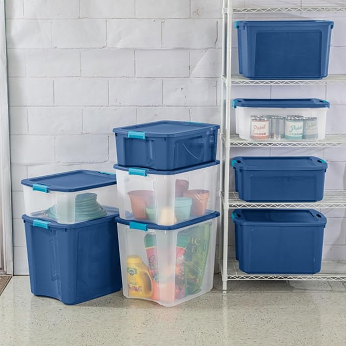 Sterilite 12-Pack Latch and Carry, Clear Plastic Storage Bins with Latching Lids and Full-Grip Handles, 27 Gallon