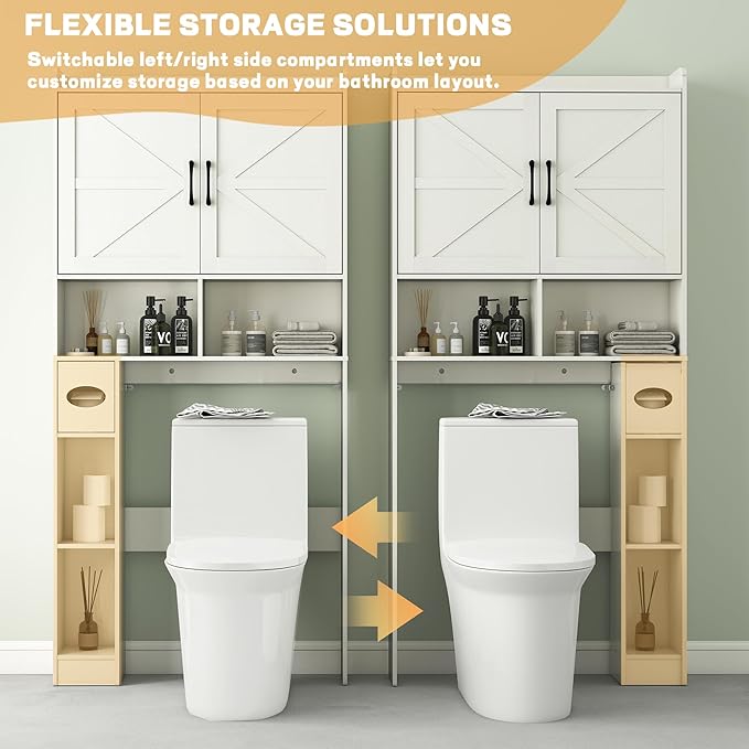 Over The Toilet Storage Cabinet, 32" W Over Toilet Bathroom Organizer with Toilet Paper Holder Stand, Home Space-Saving Toilet Rack with Shelves for Bathroom, Restroom (2 Barn Doors, White)