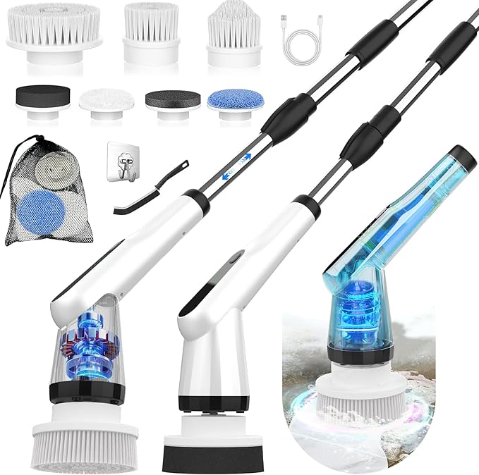 WKY-Electric Spin Scrubber - Upgraded 12-in-1 IPX7 Waterproof Shower Scrubber, Retractable Handle & 2-Speed for Toilet, Bathroom, Bathtub, Tile Floors