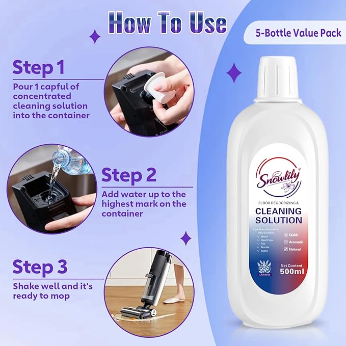 Snowlily Floor Cleaning Solution Compatible with iFLOOR & FLOOR ONE Series, Floor Cleaner for All Robot Vacuums and Wet-Dry Mops, 5 Bottle Floor Cleaner Refill, Lavender