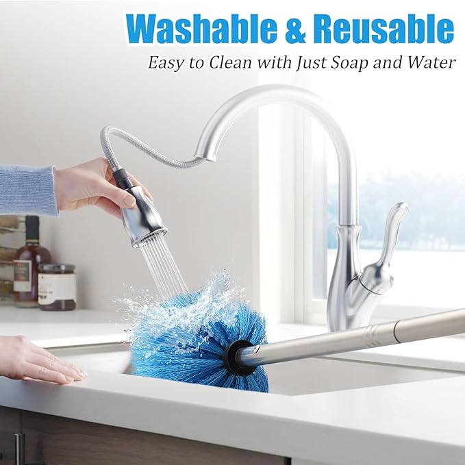 Cobweb Duster with Extension Pole - 4 FT Lightweight Stainless Steel Extendable Duster Ceiling Fan Duster for High Ceilings, Medium Stiff PET Bristle Spider Web Brush for Indoor/Outdoor Cleaning