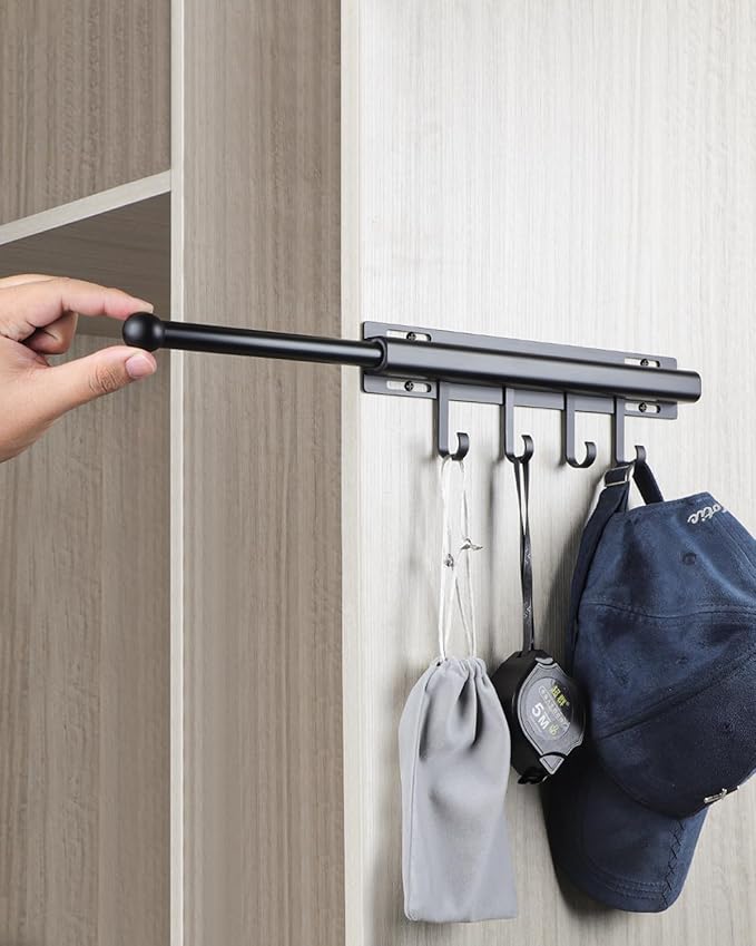BaiNong 12 inch Valet Rod for Closets Pull Out Closet Valet Rod Slide Out Black Pull Out Clothes Hanger With 4 Hooks