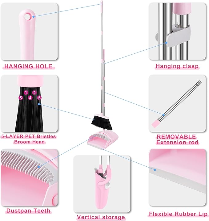 Broom and Dustpan Set House Brooms for Sweeping Indoor Collapsible Broom and Dust Pan Combo for Home Office Kitchen Lobby Floor Pet Hair (Pink)