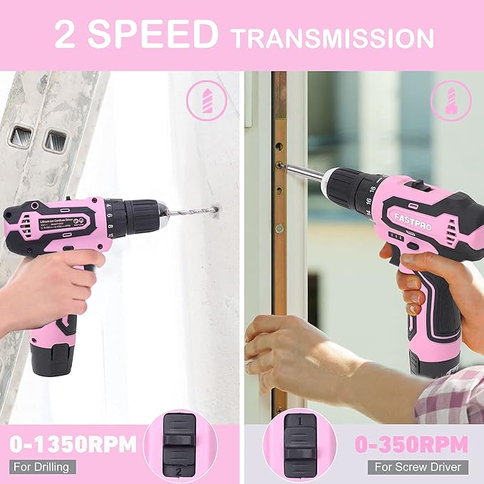 FASTPRO Pink Tool set -220-Piece Lady's Home Repairing Tool Kit & 12V Pink Cordless Lithium-ion Drill Driver