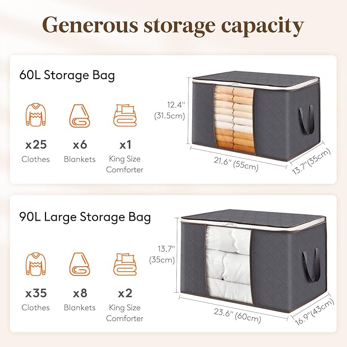 Lifewit 30 Pack 90L Clothes Storage Bins with Lids, Foldable Blanket Storage Bags with Zippers, Clear Window and Reinforced Handles, Closet and Organization for Clothing, Sweater, Comforter, Bedding