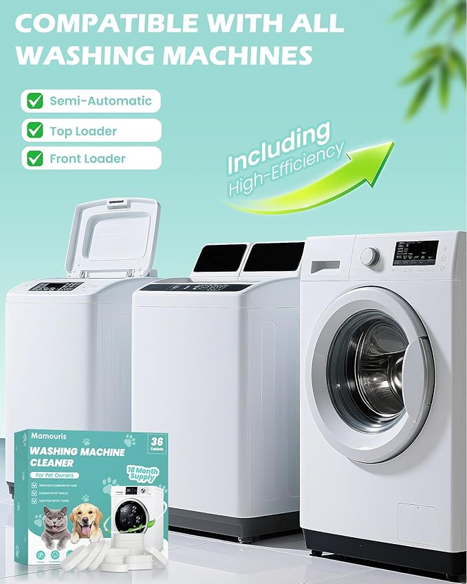 Washing Machine Cleaner Tablets 36 Pack: 18 Month Supply Washer Machine Cleaning Descaler For HE, Front Loader & Top Load Washer, Removes Pet Hair, Odors, Cleans Pipe, Drain & Hose, 8G