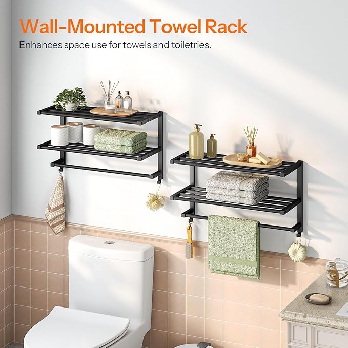 HOOBRO 23.8" Towel Rack for Bathroom, 3 Tier Towel Shelf with Tower Bars, Bathroom Storage Organizer for Towels and Toiletries, Towel Holder Wall Mounted with 2 Hooks, Black BK08LB01