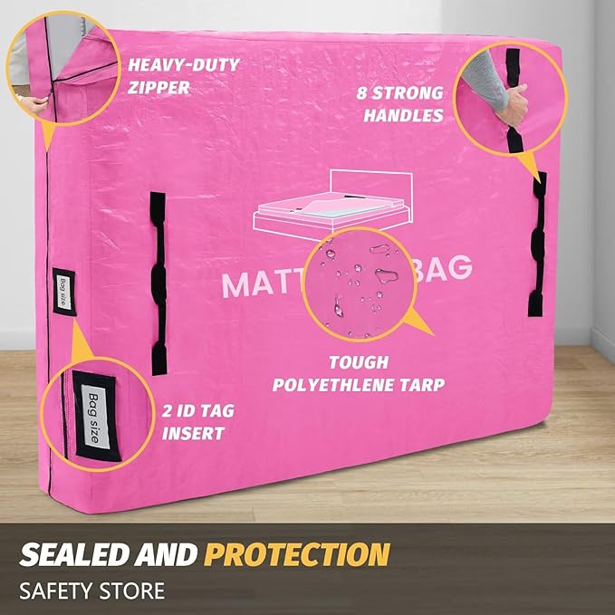 Mattress Bags for Moving and Storage, BETU Twin Mattress Protector Waterproof Mattress Cover with 8 Heavy Duty Handles and Zipper Extra Thick Moving Supplies for Dorm Bed Reusable (77x42x13.5 Pink)