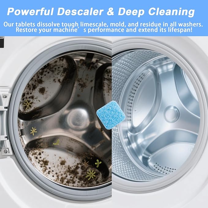 Washing Machine Cleaner Effervescent Tablets - 24 Pieces, Deep Cleaning Formula, Removes Grime & Odors, Deodorizes & Refreshes HE Top/Front Load Washers