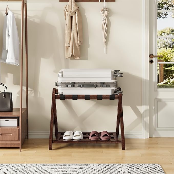 HOOBRO Luggage Racks, Set of 2 Bamboo Suitcase Stands, Folding Luggage Holders, Nylon Strap Support Top, for Guest Room, Hotel, Bedroom, Closet, Dark Brown BR18XLP201