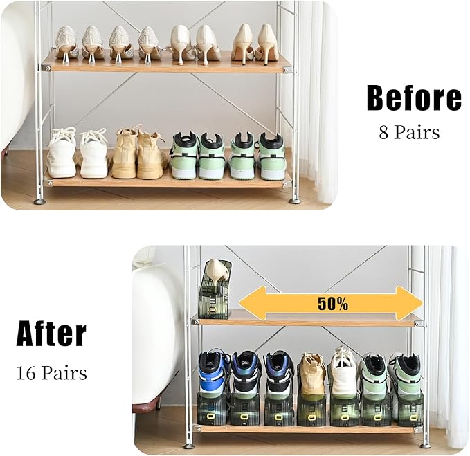 Shoe Slots Organizer, Clear Shoe Stacker, Adjustable Level Shoe Rack,Storage Space Saver for Sneakers Display (Green Transparent, 10Pack)