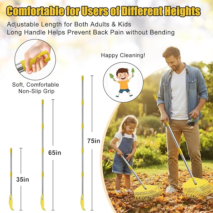 Plastic Garden Rake for Leaves - Lightweight Leaf Rake with Anti-Break Nylon Head, 16.5" Wide, 35–75" Adjustable Yard Rake for Lawn,Gardening,Grass & Pine Needles, Easy for Women, Seniors & Kids
