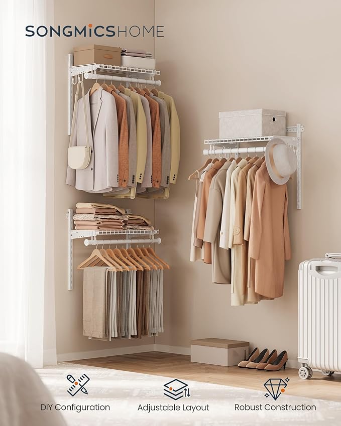 SONGMICS HOME Closet System, Closet Insert Organizer, 2-4 ft, Adjustable Metal Shelving Unit with 4 Hanging Rods, 4 Shelves, and Hooks, for Pantry Mudroom Garage Basement, Cloud White URGR031W01