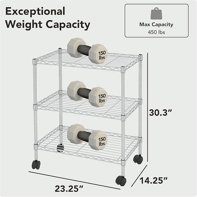 3 Tier Wire Shelving Unit Storage Rack, Metal Heavy Duty Utility Organizers, Organization Units for Metal Shelves, Pantry, Garage, Laundry Racks Durable Shelf Stand, 14"W x 24"L x 30"H, Chrome