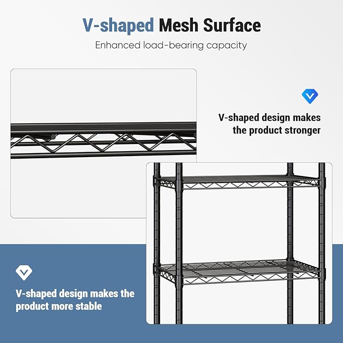 DUMOS Industrial 4 Level Grid Storage Rack ，Mobile Metallic Shelving System with Lockable Wheels， Multi-Purpose Cabinet for Workshop, Culinary Space, Storeroom, Washroom & Restroom Black