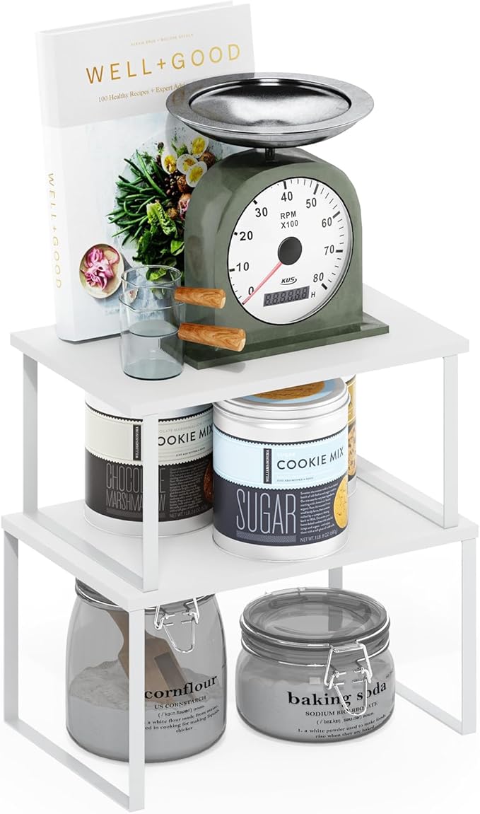 Furinno RAVEL Kitchen Countertop Organizer Set of 2, Counter Shelves, Kitchen Storage, Expandable, Stackable, Spice Rack, for Kitchen, Pantry, Coffee Bar, White
