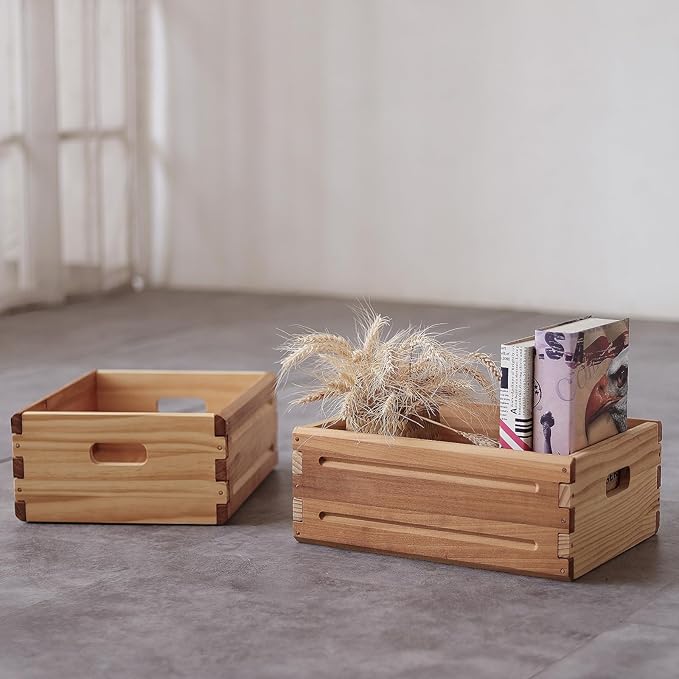 2 Pack Wooden Storage Bins of 16"x12"x6.25".Durable Open Solid Wood Box w/ Handles.Farmhouse Container Shelf Baskets. Multipurpose Home Décor Organizer Crates for Display,Pantry,Book,CD