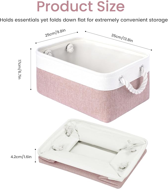 Storage Baskets for Shelves 13.8x9.8x6.7 Inch-Foldable Fabric Organizing Storage Bins with Handles, Closet & Bathroom Organizer, Home Storage for Kitchen, Office (1-Pack, White&Pink)