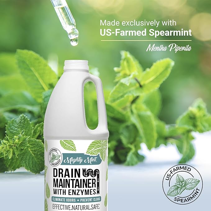 Mighty Mint Enzyme Drain Maintainer – Drain Cleaner & Deodorizer for Odor Control and Buildup Prevention – Safe for Pipes, Septic & Grease Traps - 32 oz.