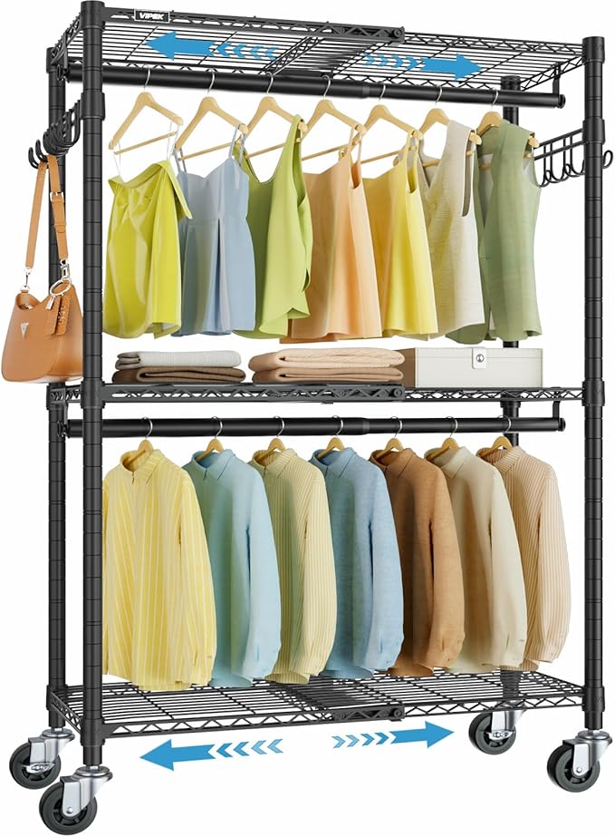 VIPEK R2X Expandable Portable Closet with Lockable Wheels, 600lbs Capacity Heavy Duty Rolling Clothes Rack w/Adjustable Shelves & Hanger Rod (2' to 3'5"), Metal Clothing Rack for Small Spaces (Black)