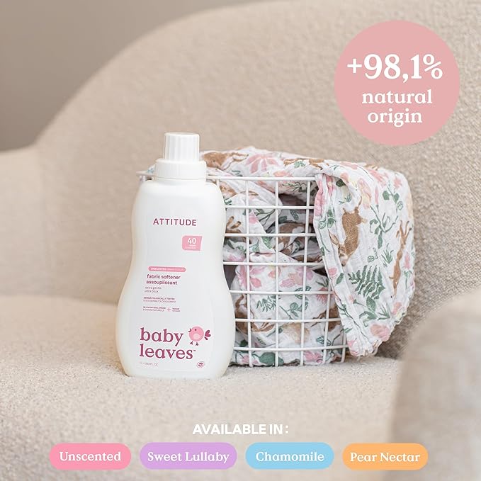 ATTITUDE Baby Fabric Softener, Unscented & Plant-Based, Liquid for Baby Clothes, HE Compatible, Vegan & Cruelty-Free, 40 Loads, 33.8 Fl Oz (Pack of 6)