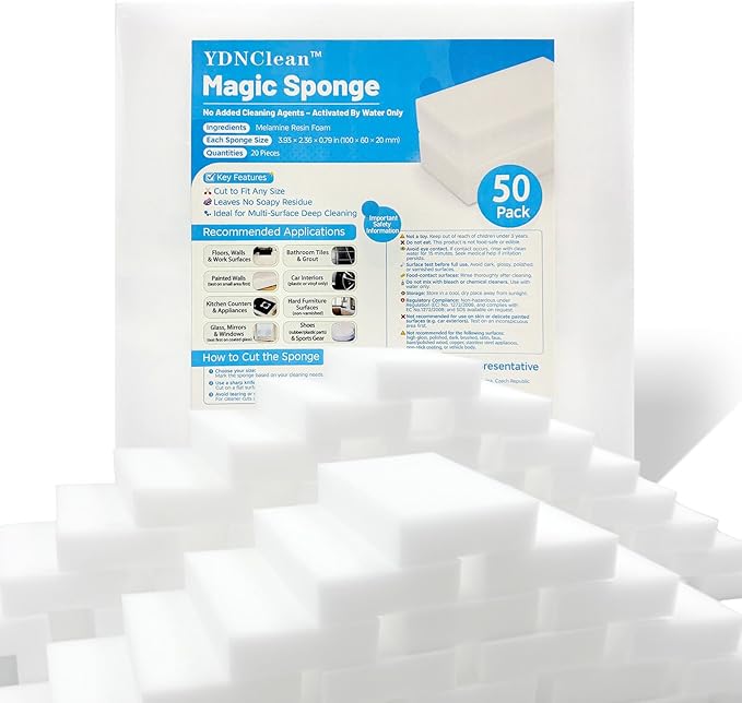 Magic Sponge Erasers, Water-Activated Cleaning Sponge, Multi-Purpose Melamine Foam Cleaner for Kitchen, Bathroom, Walls, Shoes & Car Interior – Durable, Non-Scratch & Reusable (50)