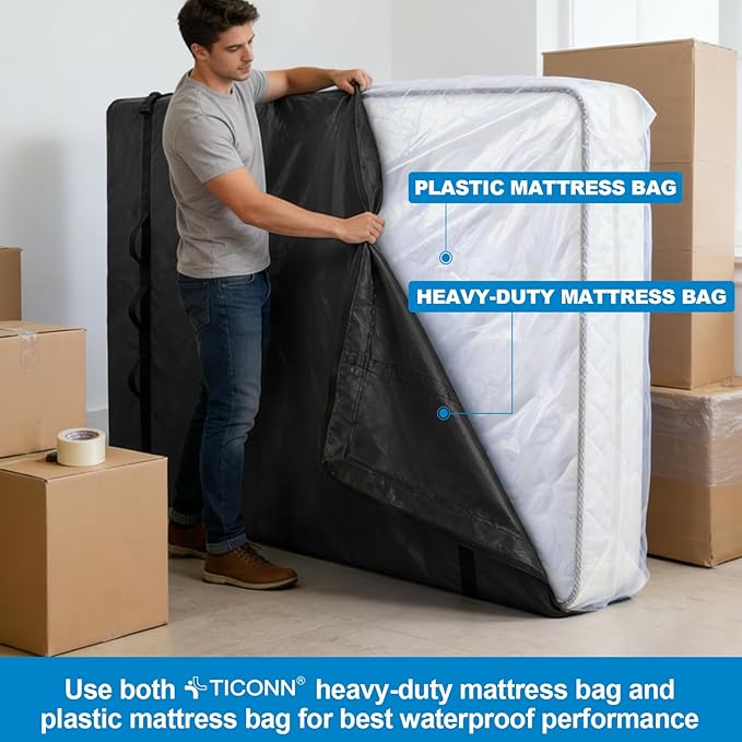 TICONN Mattress Bags for Moving, Heavy Duty King Mattress Cover Storage Bag with Full-Around Handle and Adjustable Buckles (Black, King)