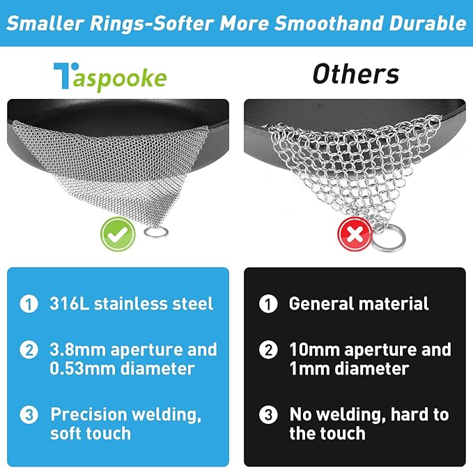 Cast Iron Cleaner & Chainmail Skillet Scrubber - 32''x32'' 3.8mm Small Ring, 316L Stainless Steel Interlocking Mesh Sheet, Flexible Chainmail Panel, Fine Linked Ring Fabric, Woven Ring Net