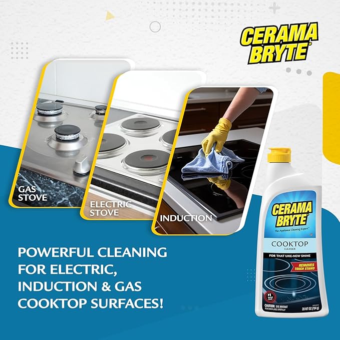 Cerama Bryte Daily Spray Cooktop and Stove Top Cleaner for Glass & Pads Combo Kit - Ceramic Surfaces, 16 Fluid Ounces, 4 Piece Set