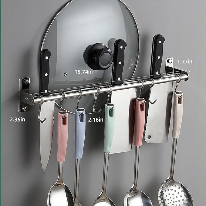 ASkinds Utensil Hanging Rack Stainless Steel Rail Hanger Rod Wall Mounted Pot Pan Lid Holder Cookware Storage Organizer with Sliding Hooks for Kitchen Bathroom
