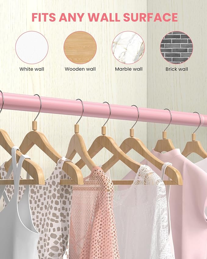 Supforce Closet Rods for Hanging Clothes, 17 to 84 Inches Stepless Adjustable Metal Closet Rod, 1.3 Inches Heavy Duty Clothes Hanging Rod for Closet Wardrobes Laundry RV, Pink