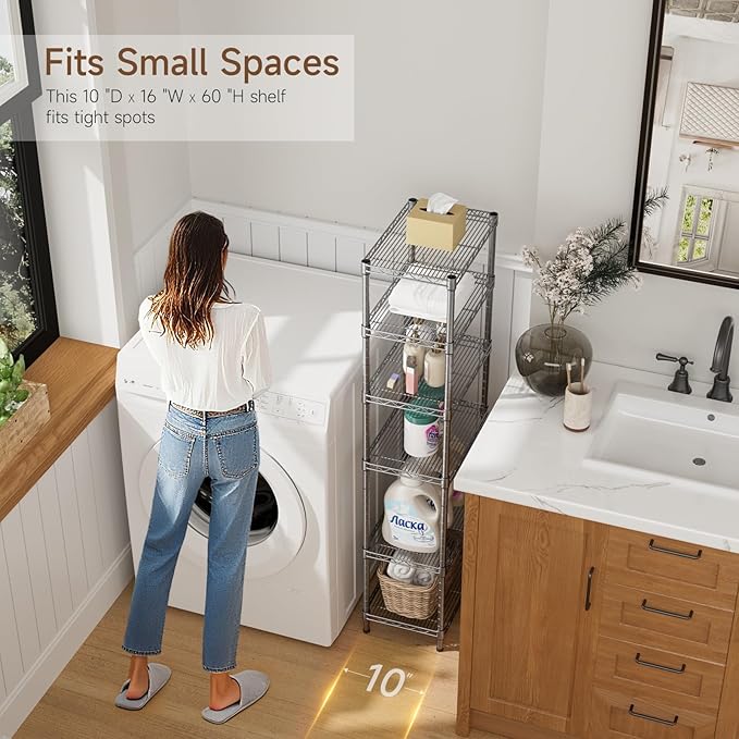 Golpart Small 5 tire Shelves Storage Wire Shelving Unit Metal Shelf Adjustable Organizers Storage Shelving for Bathroom Laundry Room Kitchen Pantry10”D x 16”W x 60.2”H Silver