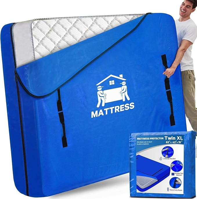 Mattress Bags for Moving, BETU Mattress Protector Waterproof Mattress Cover Twin XL Size Storage Bags with 8 Heavy-Duty Handles and Zipper for College Bed Extra Thick Large(82"x42"x15" Blue)