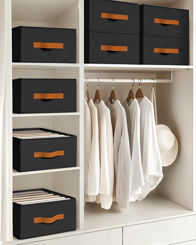 Homsorout Closet Organizers and Storage - Fabric Clothes Organizer with Handles, Foldable Jeans Organizer for Clothes, Drawer Organizer for Shirts, Bra, Sweater, Scarf, 4 Pack, Black