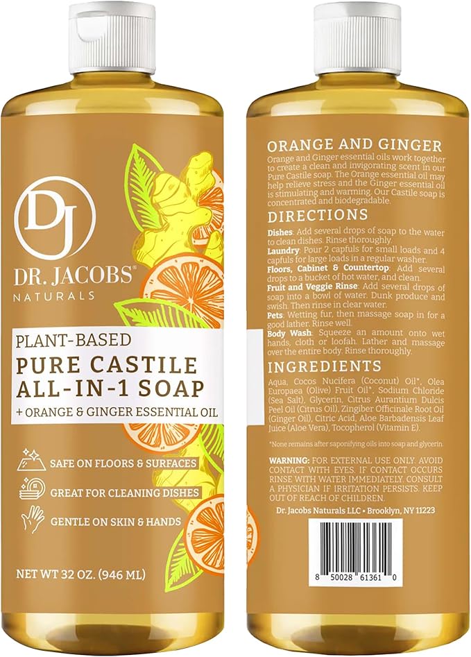 Dr. Jacobs Naturals Orange & Ginger Castile All-In-One Cleaner and Soap - Plant-Based Formula for House Cleaning Floors and Appliances - Gentle on Skin and the Planet - 32 oz, 1 Pack