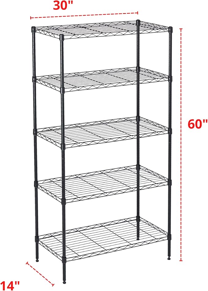 5 Tier Wire Shelving Unit Storage Rack, Metal Heavy Duty Utility Organizers, Organization Units for Products Plant Pantry, Garage, Laundry Racks Durable Shelf Stand,14"W x 30"L x 60"H, Black