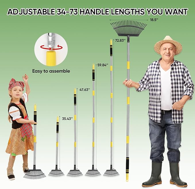 Rake Heavy Duty 6FT Long Garden Rake , 18.5 Inch Wide Leaf Rake for Lawns, 25 Metal Tines, Adjustable Stainless Steel Handle, Rakes for Leaves, Yards, Grass, Garbage, Weeds, Debris (Yellow)