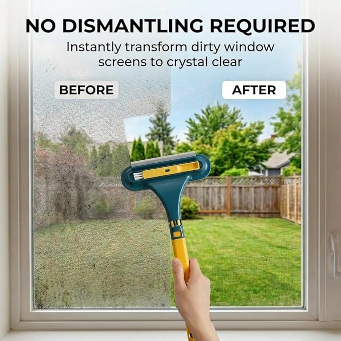 Window Screen Cleaning Brush,2 in 1 Window Screen Cleaner Tool with Squeegee,Mesh Screen Cleaner,Multi-Purpose Cleaning Brush for Patio, Door, Porch Screens (Blue)