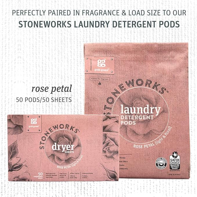 Grab Green Stoneworks Cruelty-Free Dryer Sheets | Softens Fabrics, Freshens Clothing & Reduces Static-Cling and Wrinkles | Plant Based | Rose Petal Scent (160 Sheets)