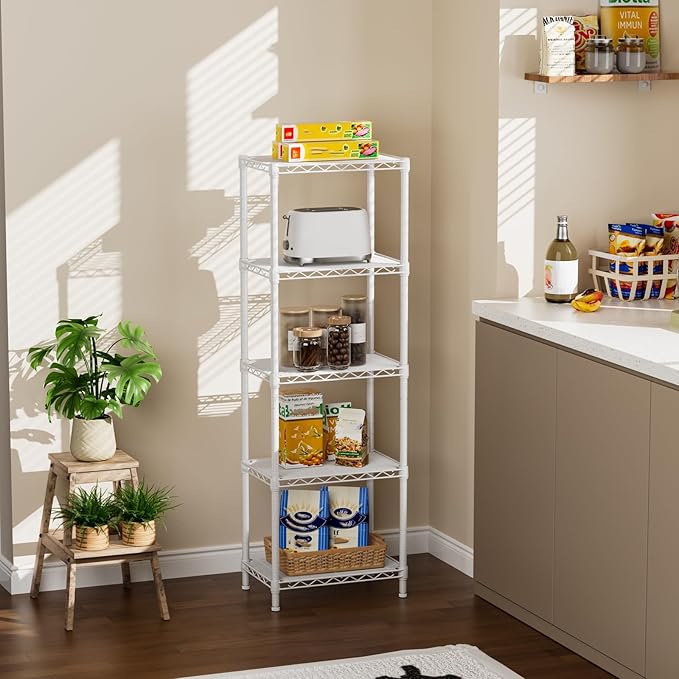 Golpart Small 5 tire Shelves Storage Wire Shelving Unit Metal Shelf Adjustable Organizers Storage Shelving for Bathroom Laundry Room Kitchen Pantry10”D x 16”W x 55”H White