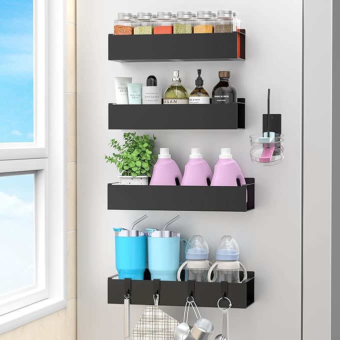 Metal Magnetic Water Bottle Holder for Refrigerator, Cup Holder Organizer for Stanley and Tumbler for Kitchen, 4 Pack, Jet Black