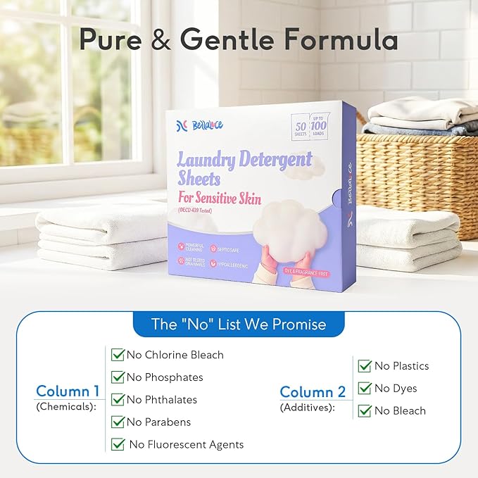 BellaLuce Sensitive Skin Laundry Detergent Sheets, 100 Loads (50 Count) - Hypoallergenic & Fragrance Free Washing Strips, Gentle for Baby, Travel & Dorm Essentials